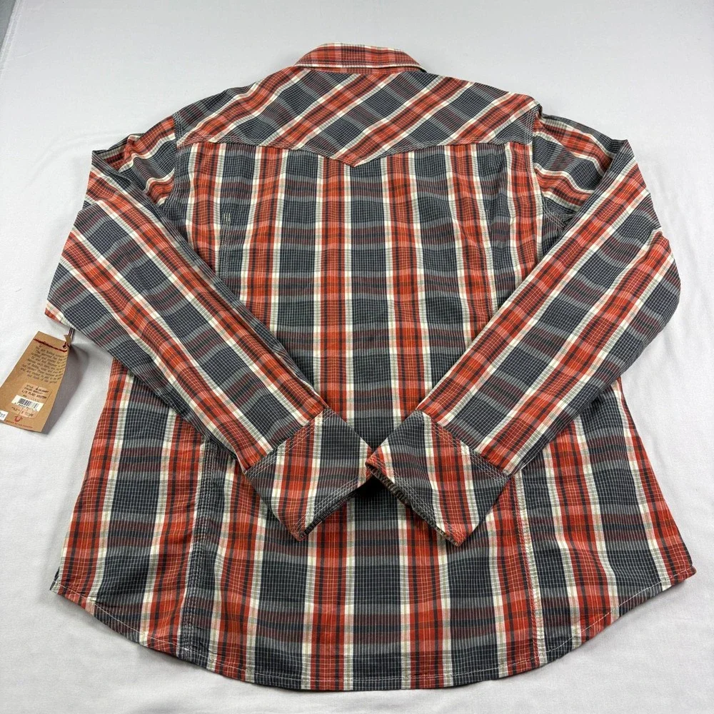 True Religion Western Shirt Mens 3XL Orange Plaid Pearl Snap Up Long Sleeve‎ NEW